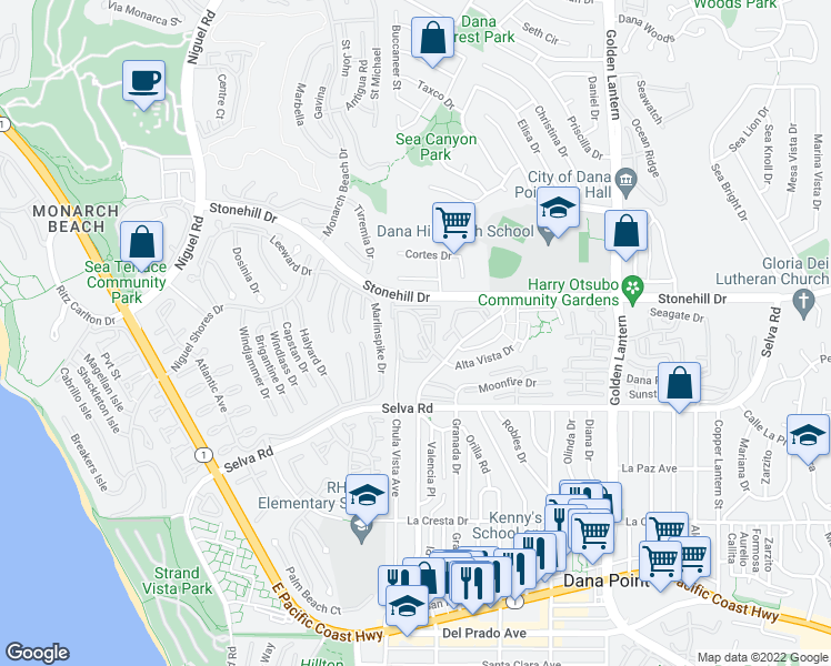 map of restaurants, bars, coffee shops, grocery stores, and more near 24098 Paseo Corona in Dana Point