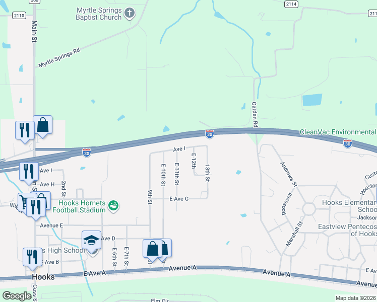 map of restaurants, bars, coffee shops, grocery stores, and more near 1103 Avenue I in Hooks