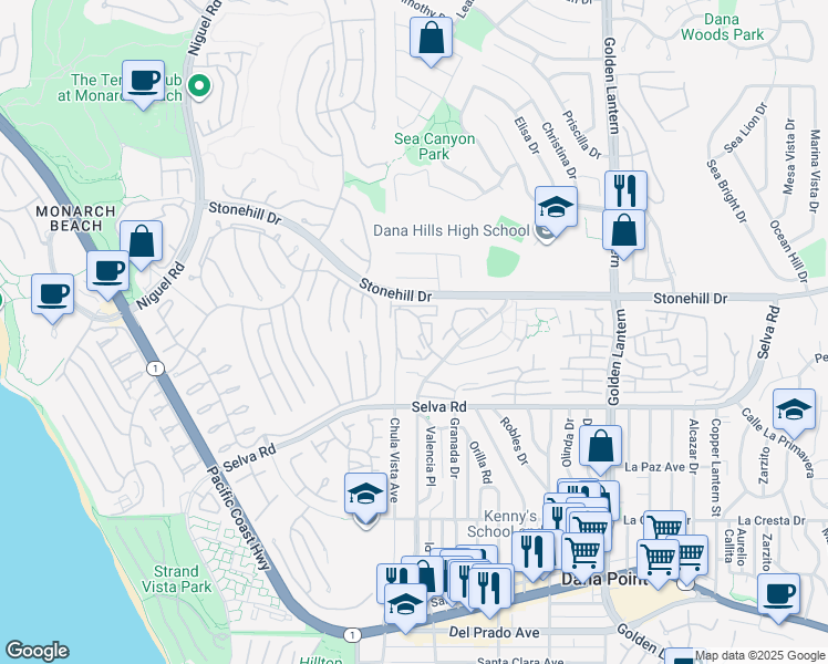 map of restaurants, bars, coffee shops, grocery stores, and more near 24098 Paseo Corona in Dana Point