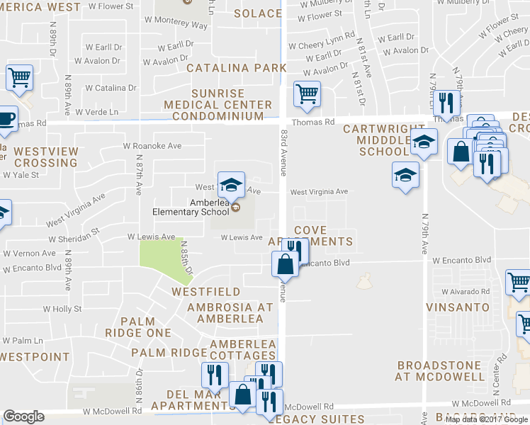 map of restaurants, bars, coffee shops, grocery stores, and more near 8328 West Sheridan Street in Phoenix