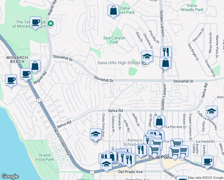 map of restaurants, bars, coffee shops, grocery stores, and more near 33611 Circula Corona in Dana Point
