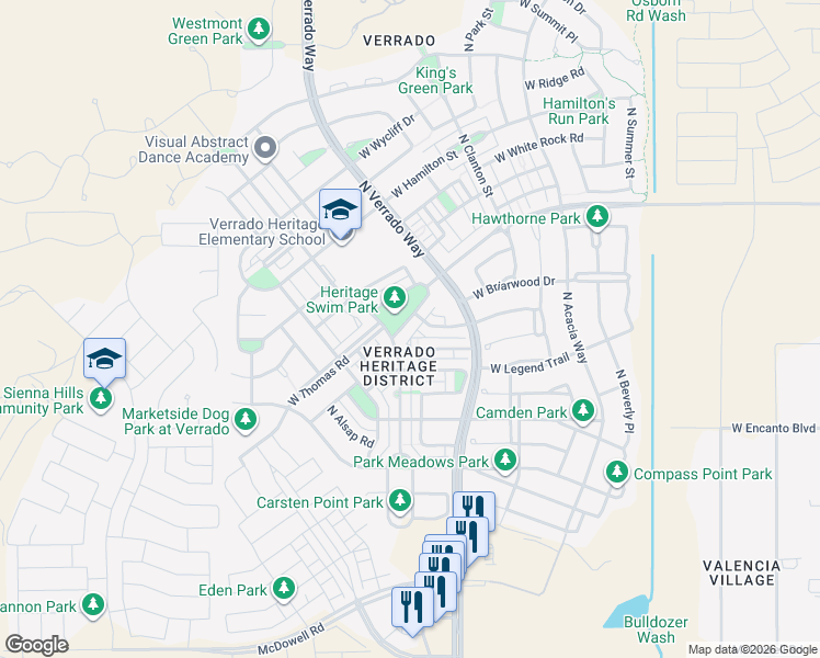 map of restaurants, bars, coffee shops, grocery stores, and more near 20771 West Thomas Road in Buckeye