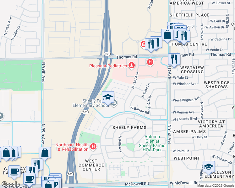 map of restaurants, bars, coffee shops, grocery stores, and more near 9441 West Wilshire Avenue in Phoenix