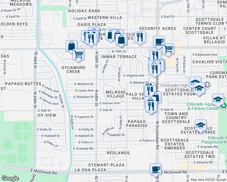 map of restaurants, bars, coffee shops, grocery stores, and more near 2532 North 69th Street in Scottsdale