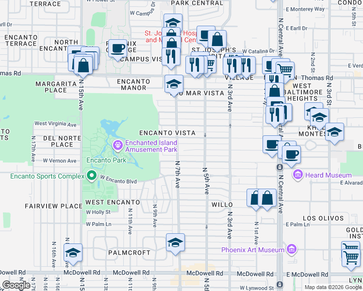 map of restaurants, bars, coffee shops, grocery stores, and more near 701 West Wilshire Drive in Phoenix