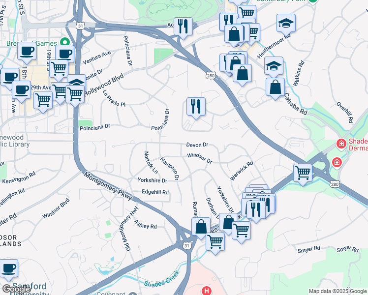 map of restaurants, bars, coffee shops, grocery stores, and more near 401 Devon Drive in Birmingham