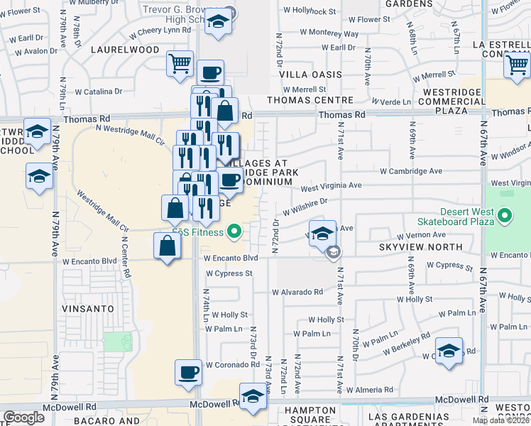 map of restaurants, bars, coffee shops, grocery stores, and more near 2515 North 73rd Drive in Phoenix