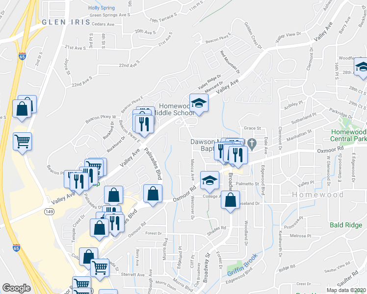 map of restaurants, bars, coffee shops, grocery stores, and more near 301 Edgeview Avenue in Birmingham