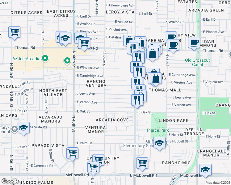 map of restaurants, bars, coffee shops, grocery stores, and more near 4234 East Lewis Avenue in Phoenix