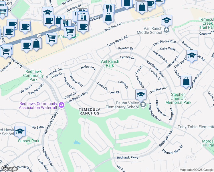 map of restaurants, bars, coffee shops, grocery stores, and more near 32941 Sotelo Drive in Temecula