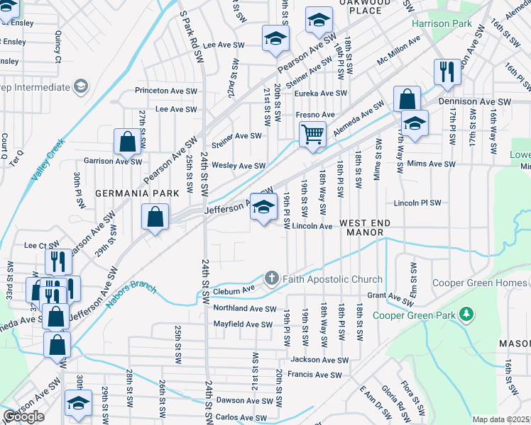 map of restaurants, bars, coffee shops, grocery stores, and more near 2013 Jefferson Avenue Southwest in Birmingham