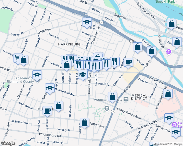 map of restaurants, bars, coffee shops, grocery stores, and more near 1712 Walton Way in Augusta