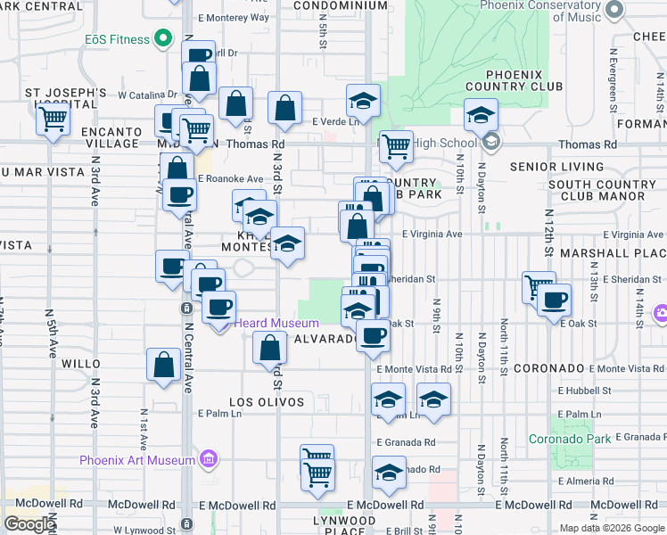 map of restaurants, bars, coffee shops, grocery stores, and more near 502 East Sheridan Street in Phoenix