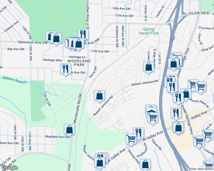 map of restaurants, bars, coffee shops, grocery stores, and more near 1300 Aspen Drive in Birmingham