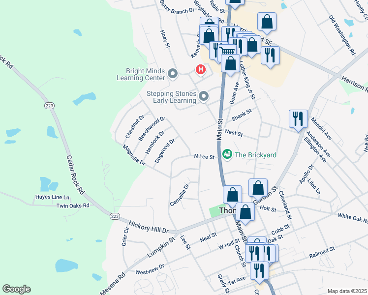 map of restaurants, bars, coffee shops, grocery stores, and more near 605 Beechwood Drive in Thomson
