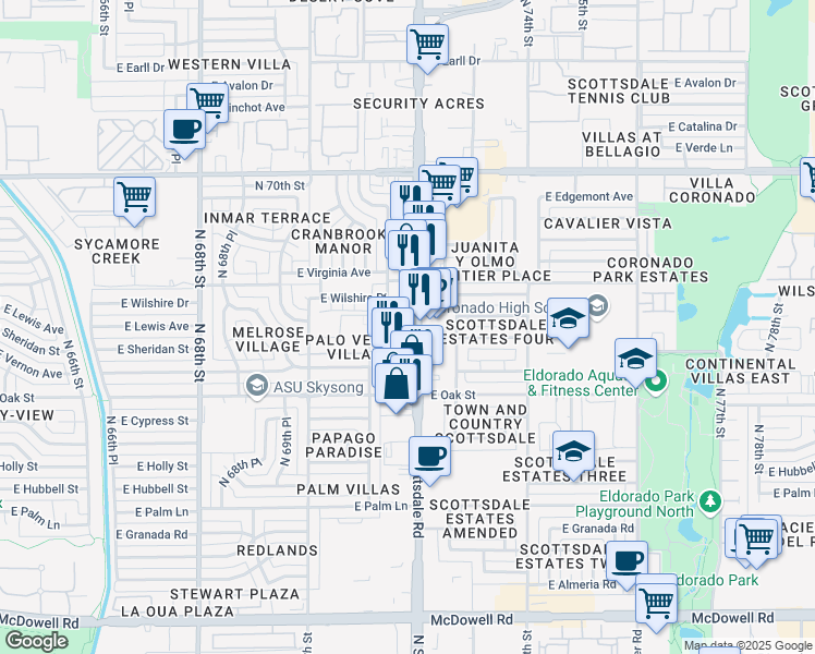 map of restaurants, bars, coffee shops, grocery stores, and more near 2428 North Scottsdale Road in Scottsdale