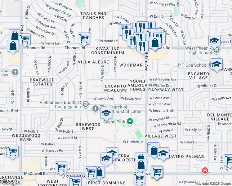 map of restaurants, bars, coffee shops, grocery stores, and more near 2520 North 45th Avenue in Phoenix