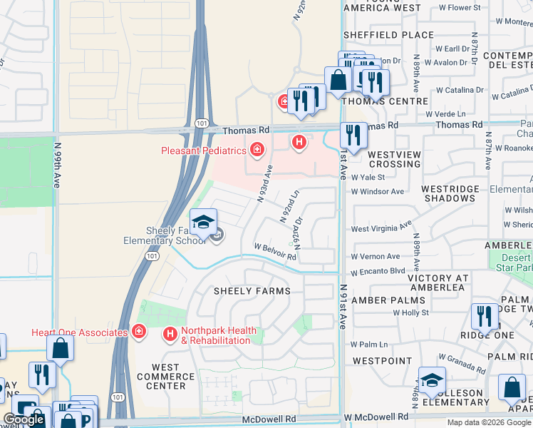map of restaurants, bars, coffee shops, grocery stores, and more near 9278 West Sheridan Street in Phoenix
