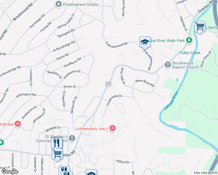 map of restaurants, bars, coffee shops, grocery stores, and more near 3349 Overton Road in Birmingham