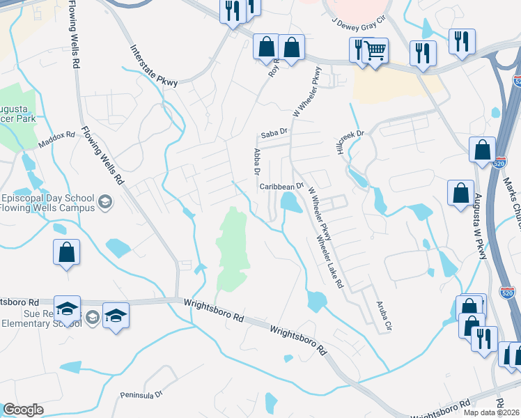 map of restaurants, bars, coffee shops, grocery stores, and more near 9036 Baker Court in Augusta