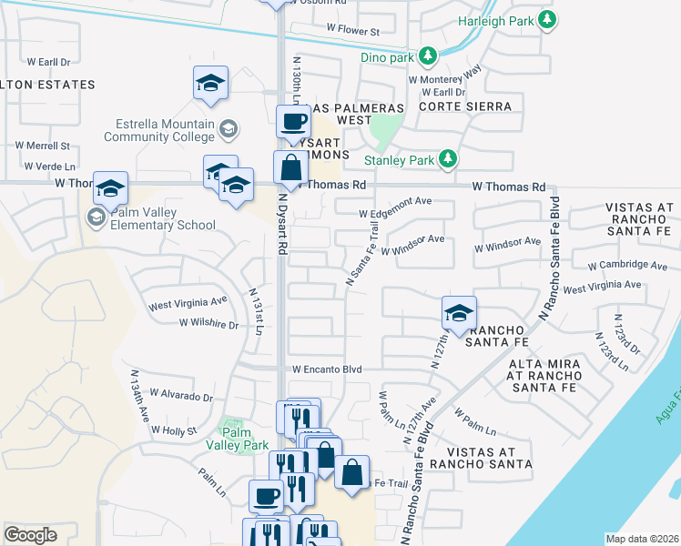 map of restaurants, bars, coffee shops, grocery stores, and more near 2601 North 128th Drive in Avondale