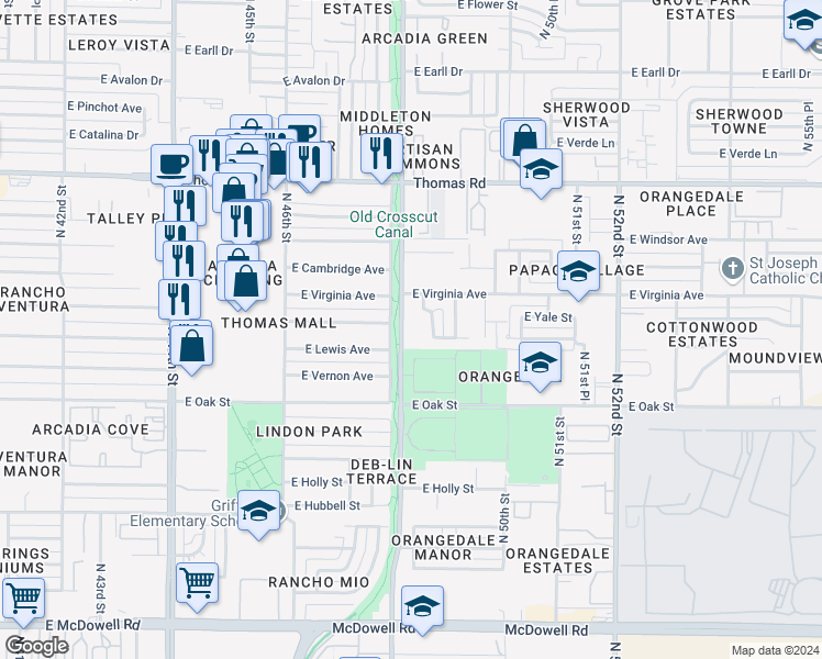 map of restaurants, bars, coffee shops, grocery stores, and more near 2515 North 48th Street in Phoenix