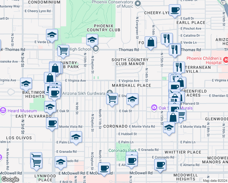 map of restaurants, bars, coffee shops, grocery stores, and more near 2515 North 12th Street in Phoenix