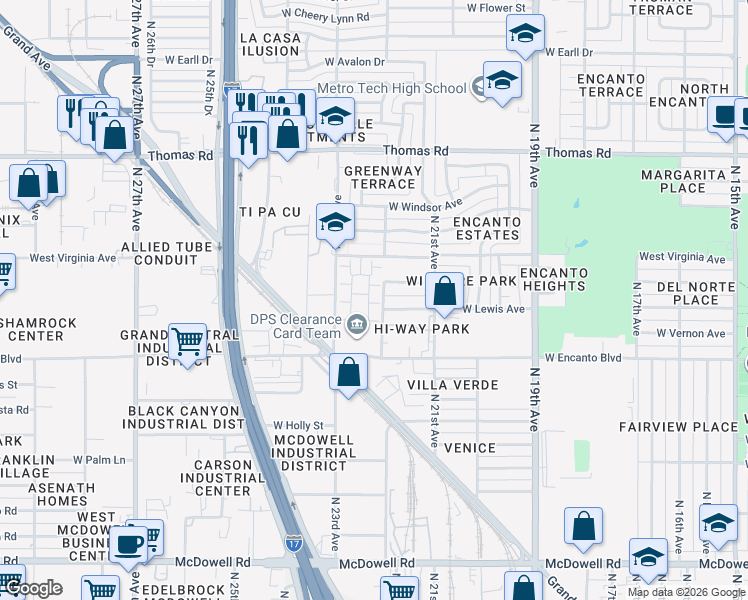 map of restaurants, bars, coffee shops, grocery stores, and more near 2513 North 22nd Drive in Phoenix