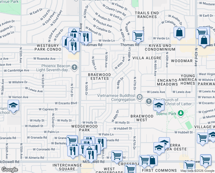 map of restaurants, bars, coffee shops, grocery stores, and more near 4913 West Wilshire Drive in Phoenix