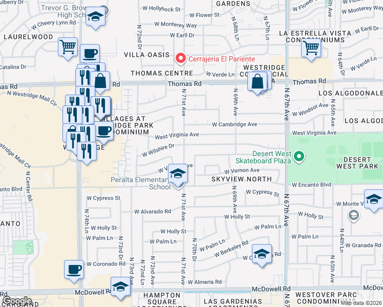 map of restaurants, bars, coffee shops, grocery stores, and more near 2526 North 71st Avenue in Phoenix