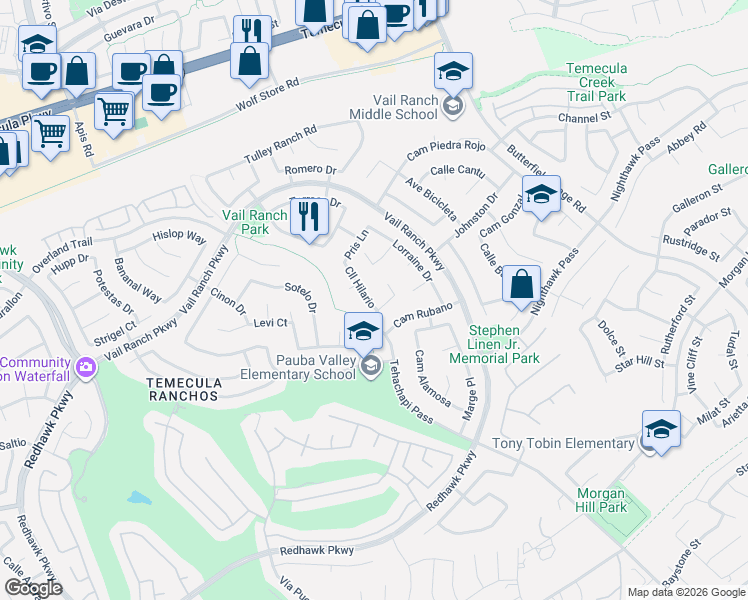 map of restaurants, bars, coffee shops, grocery stores, and more near 44728 Calle Hilario in Temecula