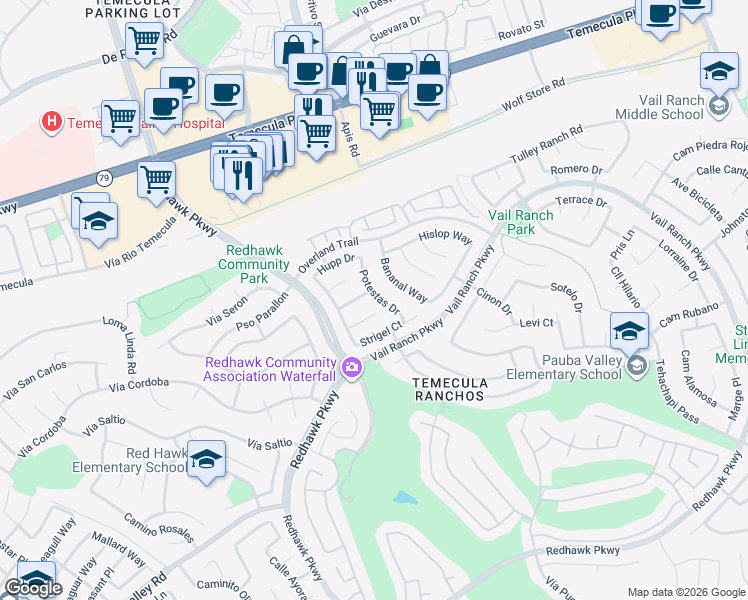 map of restaurants, bars, coffee shops, grocery stores, and more near 44846 Potestas Drive in Temecula