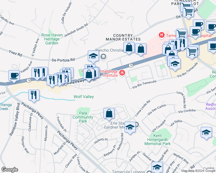 map of restaurants, bars, coffee shops, grocery stores, and more near 31283 Taylor Lane in Temecula