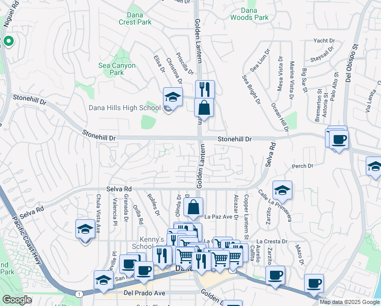 map of restaurants, bars, coffee shops, grocery stores, and more near 33558 Sea Gull Court in Dana Point