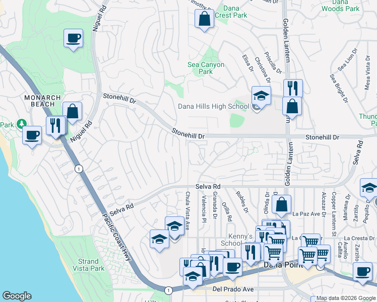 map of restaurants, bars, coffee shops, grocery stores, and more near 33555 Via Corvalian in Dana Point