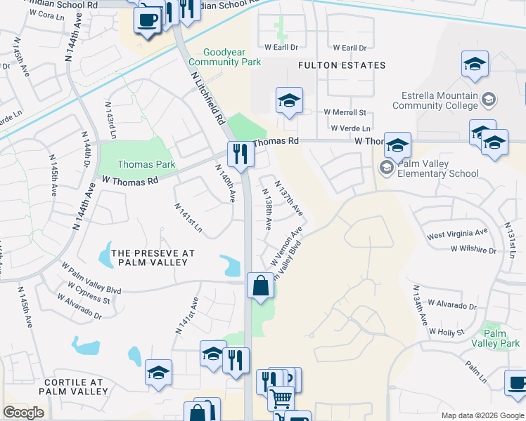 map of restaurants, bars, coffee shops, grocery stores, and more near 13843 West Windsor Avenue in Goodyear