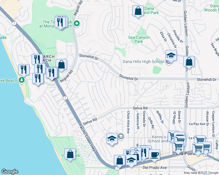 map of restaurants, bars, coffee shops, grocery stores, and more near 33581 Moonsail Drive in Dana Point