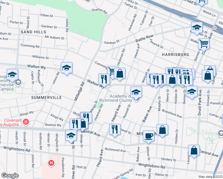 map of restaurants, bars, coffee shops, grocery stores, and more near 2068 Walton Way in Augusta
