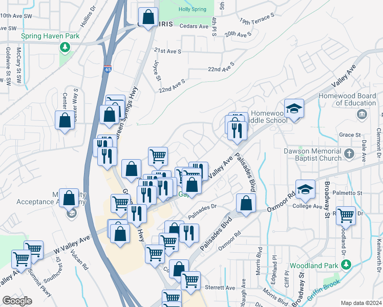map of restaurants, bars, coffee shops, grocery stores, and more near 716 Rockford Drive in Birmingham
