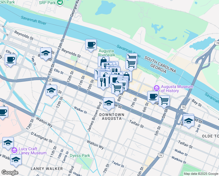 map of restaurants, bars, coffee shops, grocery stores, and more near 870 Broad Street in Augusta