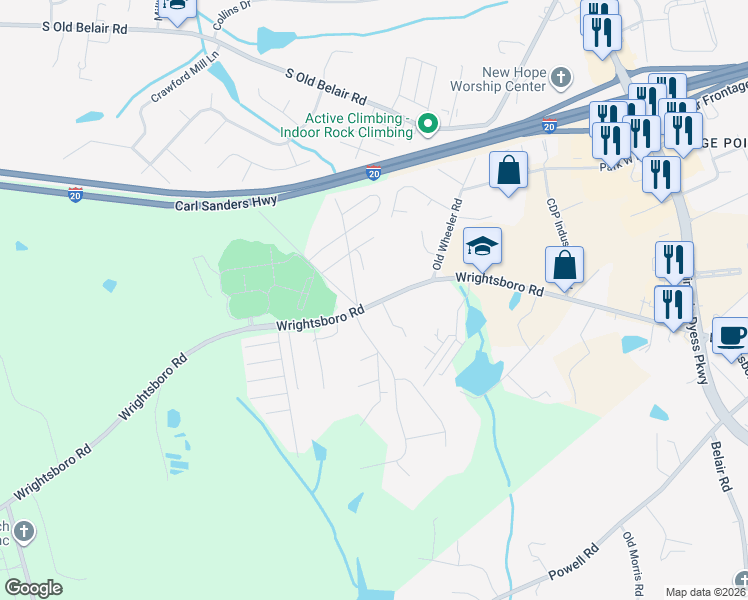 map of restaurants, bars, coffee shops, grocery stores, and more near 4485 Wrightsboro Road in Grovetown