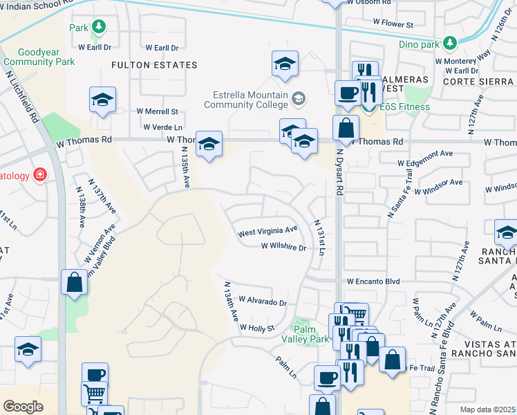 map of restaurants, bars, coffee shops, grocery stores, and more near 2605 North 133rd Avenue in Goodyear