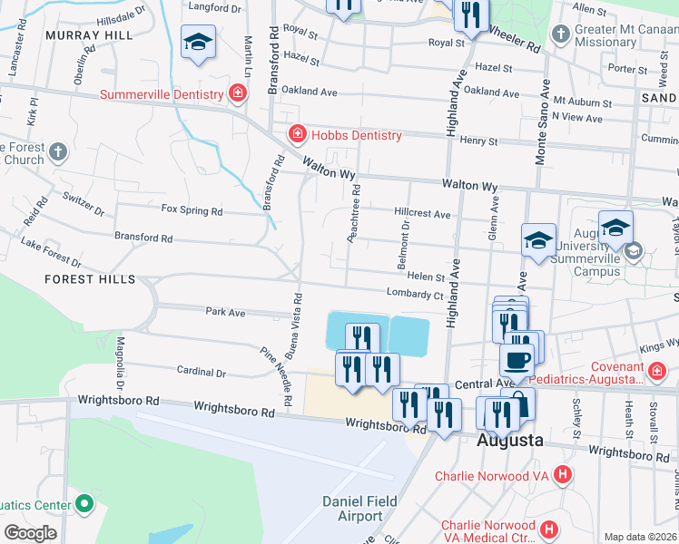 map of restaurants, bars, coffee shops, grocery stores, and more near 1221 Peachtree Road in Augusta