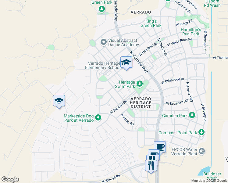 map of restaurants, bars, coffee shops, grocery stores, and more near 2592 North Riley Road in Buckeye