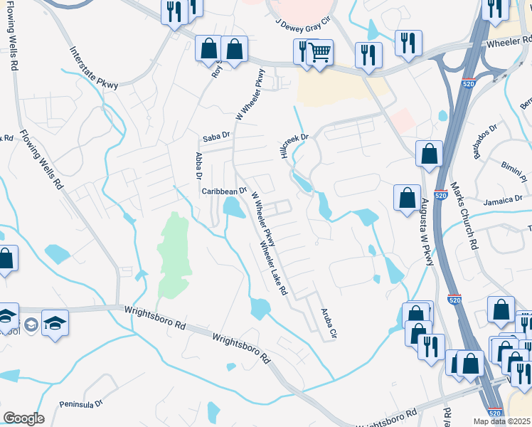 map of restaurants, bars, coffee shops, grocery stores, and more near 6115 Major Circle in Augusta