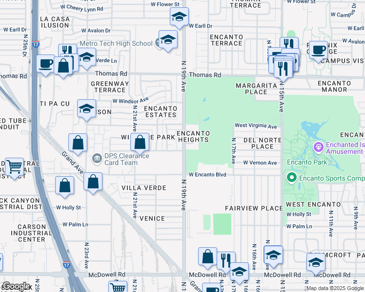 map of restaurants, bars, coffee shops, grocery stores, and more near 1834 West Lewis Avenue in Phoenix