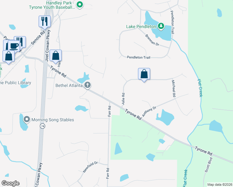 map of restaurants, bars, coffee shops, grocery stores, and more near 120 Julie Road in Tyrone