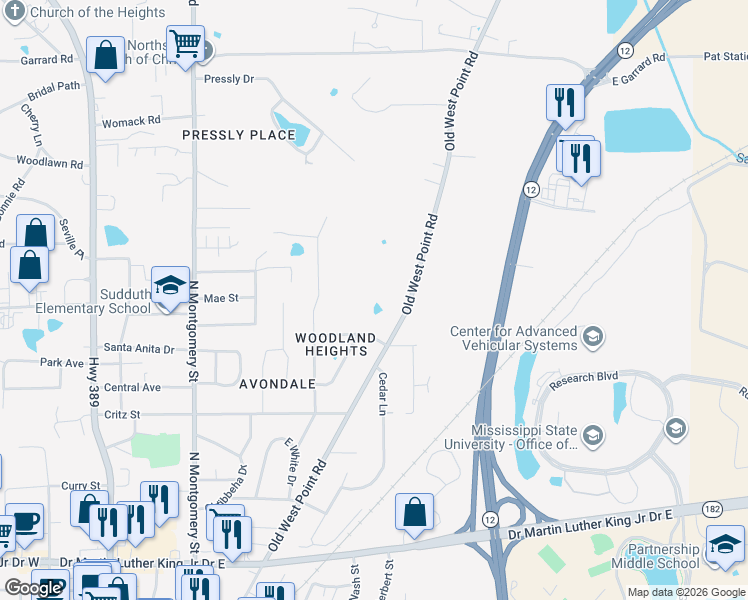 map of restaurants, bars, coffee shops, grocery stores, and more near 111 Woodcrest Drive in Starkville