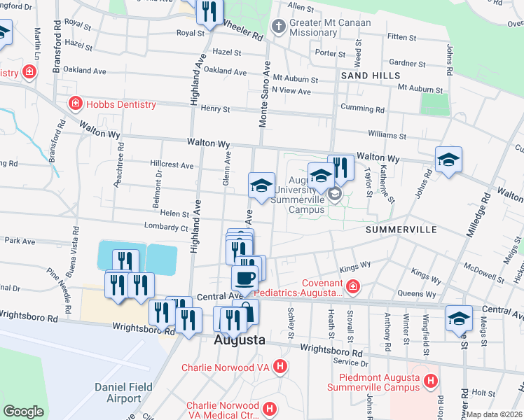 map of restaurants, bars, coffee shops, grocery stores, and more near 1210 Monte Sano Avenue in Augusta