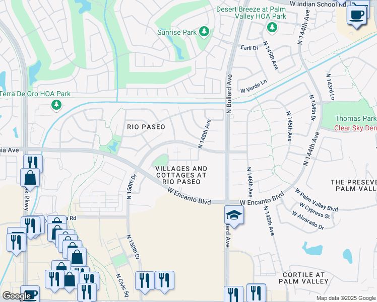 map of restaurants, bars, coffee shops, grocery stores, and more near 2540 North 148th Drive in Goodyear